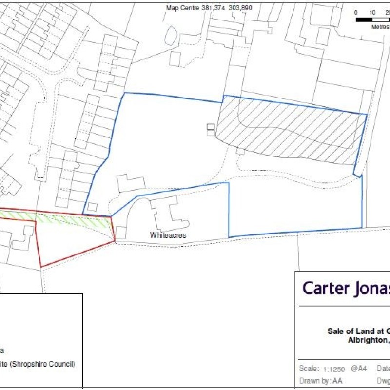 Blue outline: Whiteacres Red outline: Garridge Close